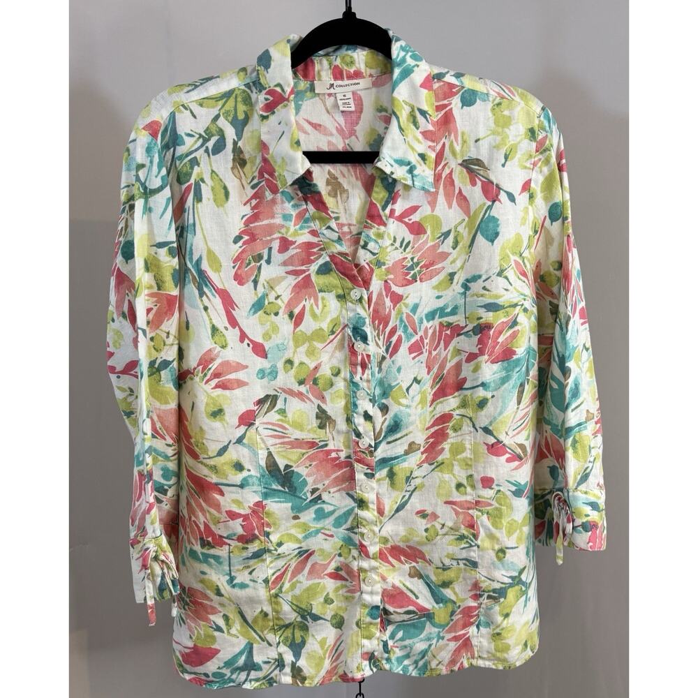 🔥SALE🔥 100% Linen Shirt 16 Button Botanical Boho 3/4 Sleeve Organic Resort Beach